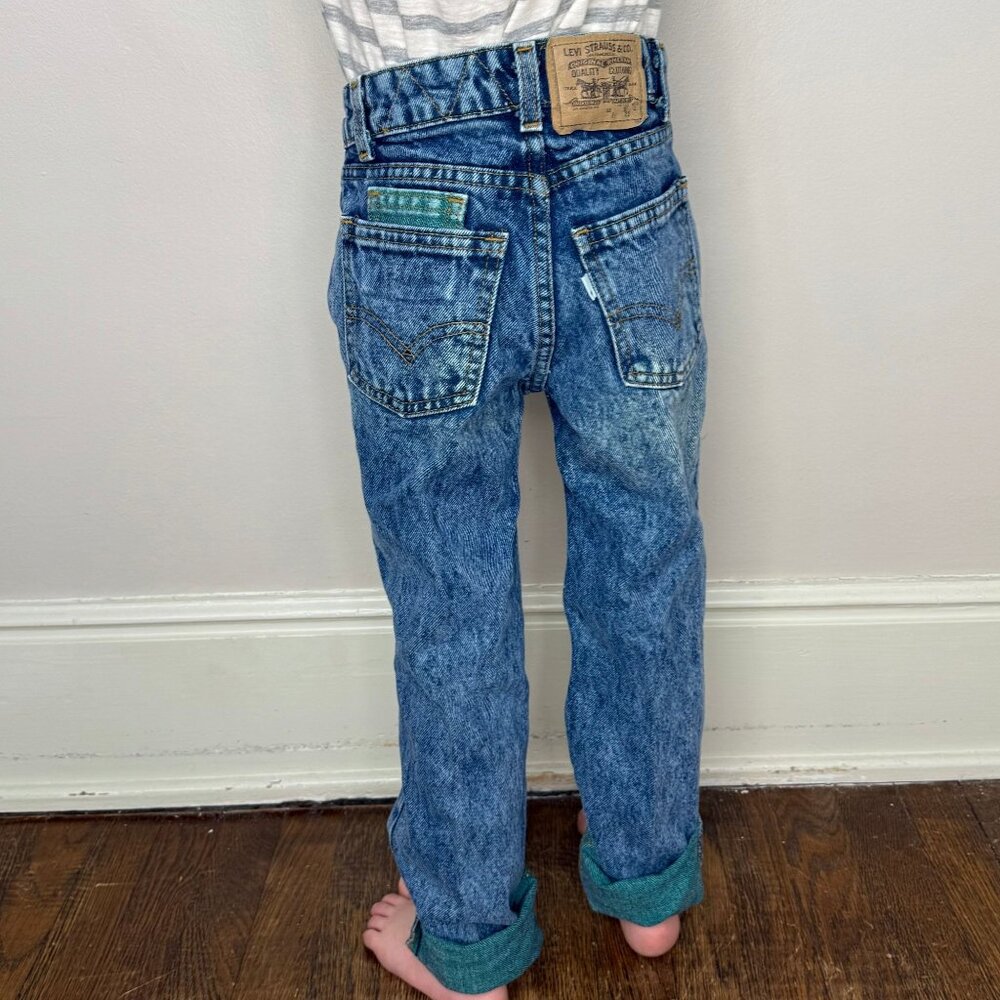 Vintage 1980s Stone Wash Kids Blue Jeans with Green Denim Accents, Levi’s Size 8